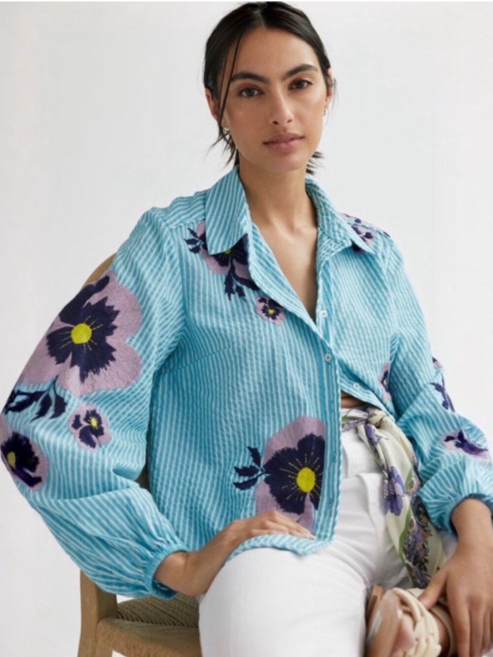 ANTHROPOLOGIE MAEVE PANSY EMBROIDERED STRIPE SHIRT